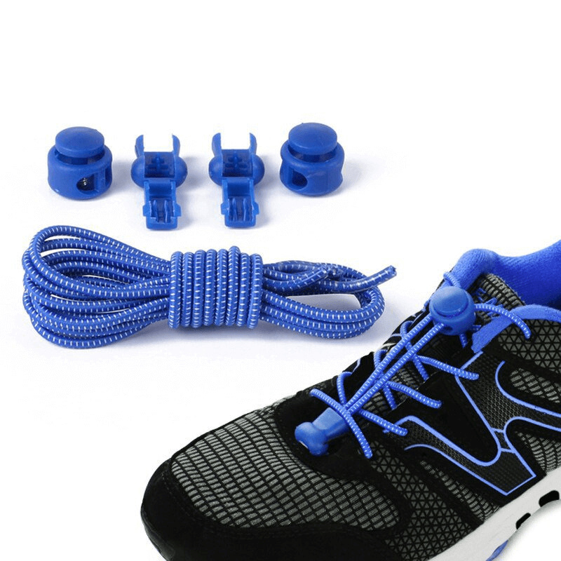Stylish blue elastic laces with spring buckles for sports shoes, showcasing no-tie convenience and easy installation.